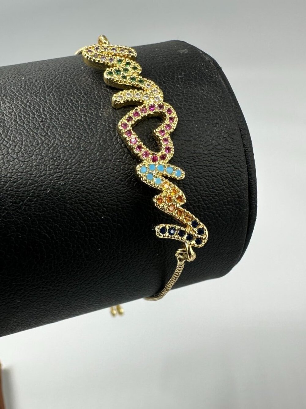 3/$30 Rainbow CZ Mom Heart Bracelet Gold Tone Rhinestone Script Pull Tie Clasp